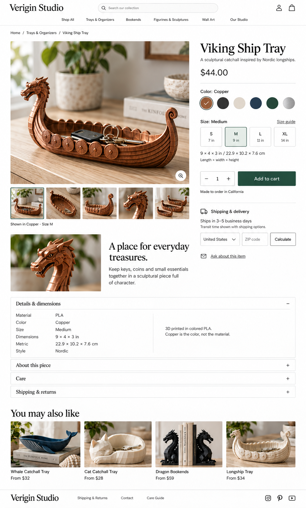 Viking Ship Tray in Copper on a wooden console